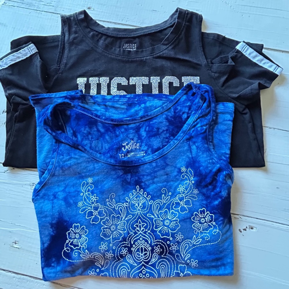 Justice Girls Size 12 Top Bundle Black Cold Shoulder Tee & Blue Tie Dye Tank‎